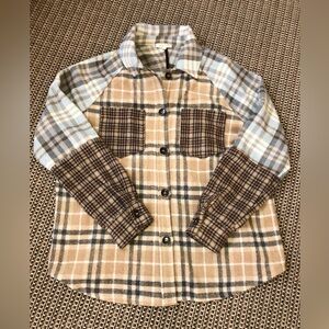 Mystree Shacket Tan/Blue Plaid Button-Up Soft Flannel-like Pocketed Cottagecore